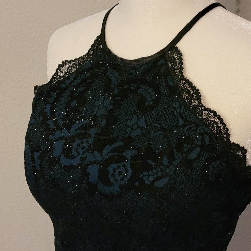 Glitter Brocade Cocktail Halter Party Dress in Deep Green and Black Lace - Picture 4 of 11